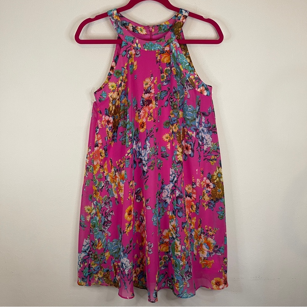 Betsey Johnson Multicolor Bright Pink Floral Halter Flowy Swing Dress Size 2